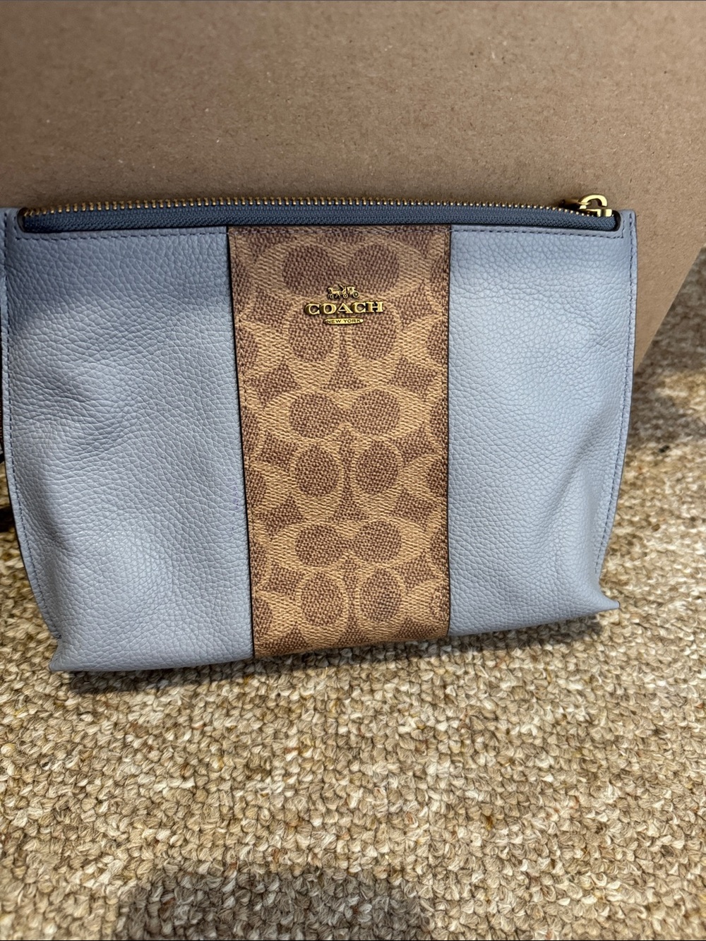 COACH Charlie  Blue Pebbled Leather & Brown Signature Stripe Wristlet